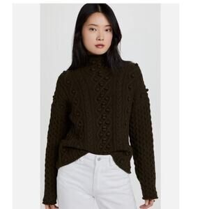 Theory Wool Cashmere Mixed Cable Knit Sweater Military Green Size XS